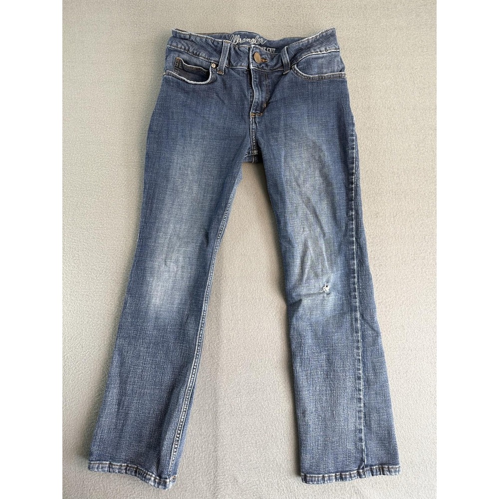Wrangler Boot Cut Jeans Juniors 7 X 30 Med Wash Blue Distressed Stretch Denim